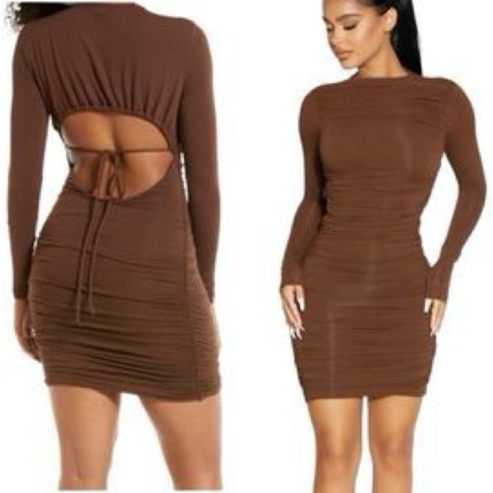 NWOT NAKED WARDROBE Back To The Ruched Dress Chocolate Brown